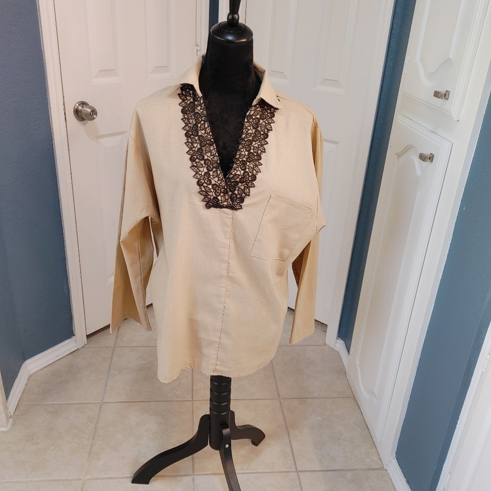 Women's Long Sleeve Collared Blouse with Lacy V-Neck Office Contemporary XL